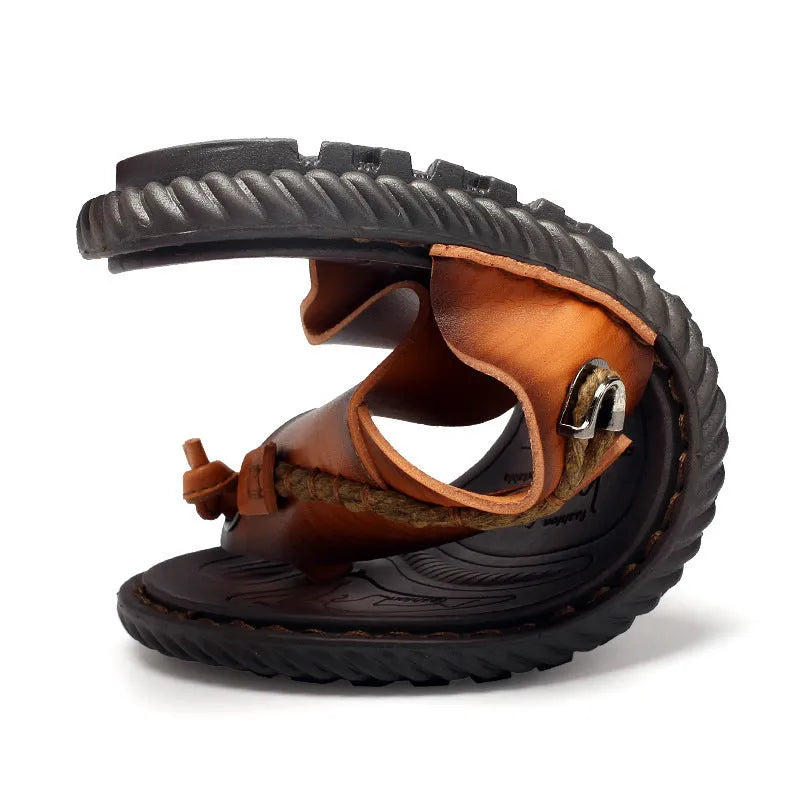 Plus size dark blue men's outdoor slippers with herringbone rubber sole and artificial PU upper.