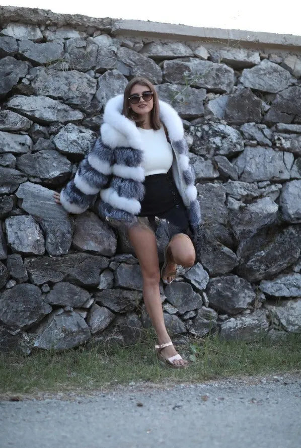 Women's loose artificial fur hooded coat in brown and white silver fox colours, medium length 65cm street fashion outerwear