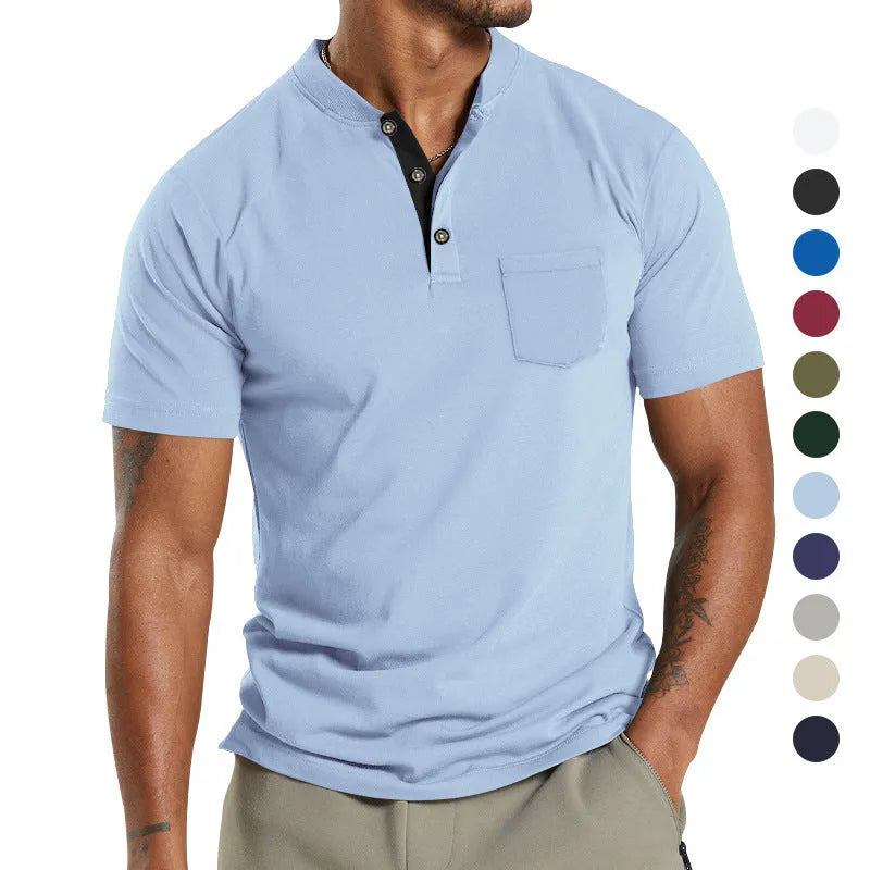 Plus size men's solid colour short sleeve polyester shirt with button chest pocket
