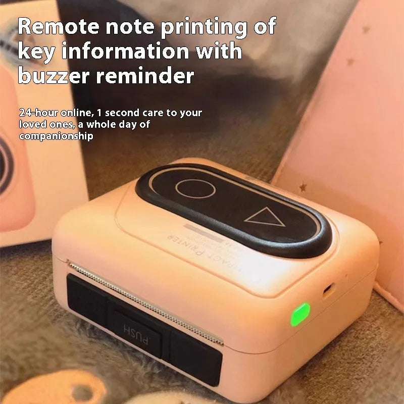 Portable Bluetooth thermal printer in avocado green, pink, small yellow duck or white colours