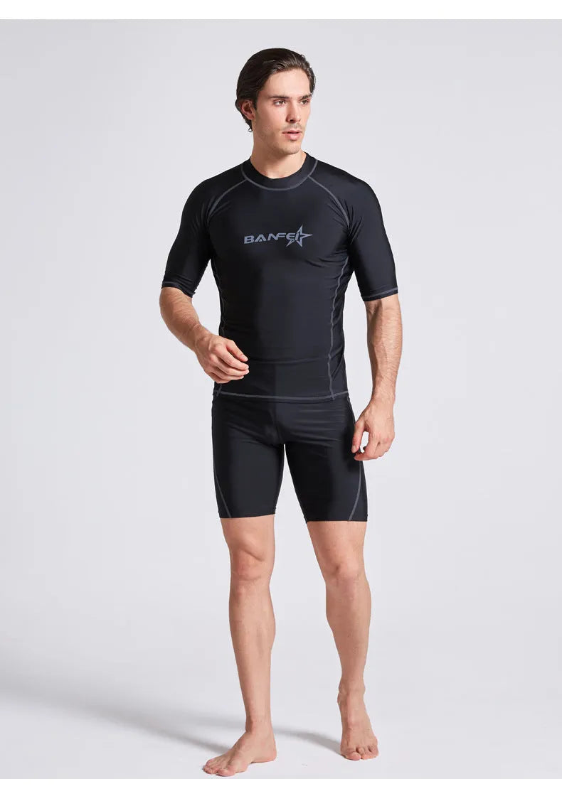 Men's quick-drying half sleeve wetsuit swimsuit for snorkeling and surfing in nylon fabric
