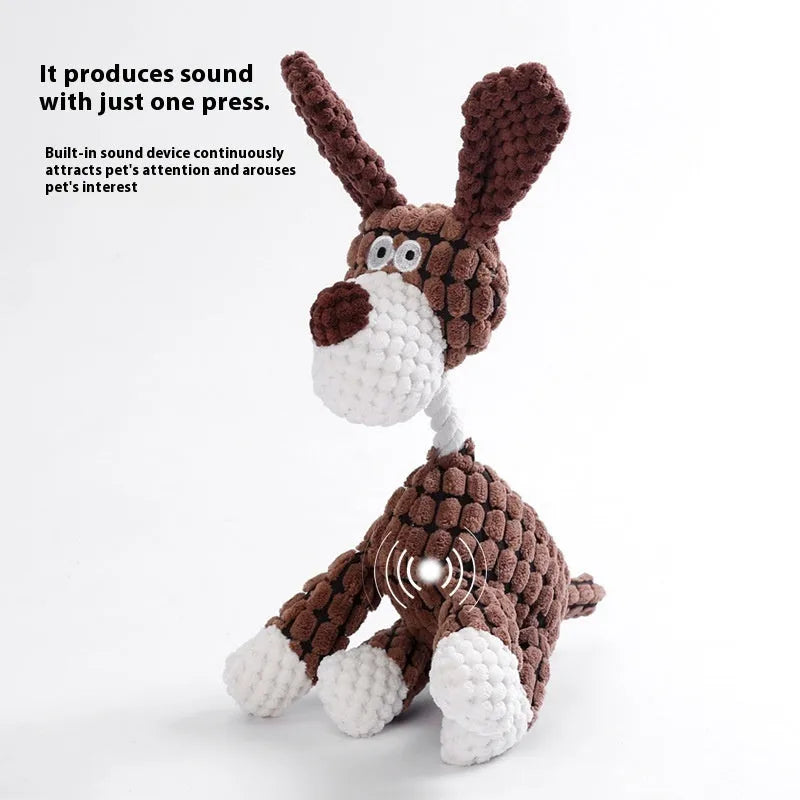 Bite-resistant plush puppy toy showing rechargeable duck and donkey styles in multiple colours for teething relief
