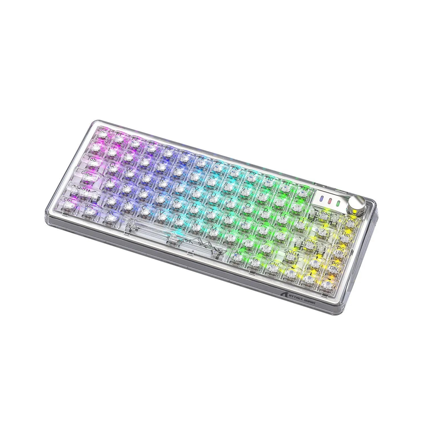 Attack Shark K75 transparent wireless mechanical keyboard with RGB backlighting on a desk