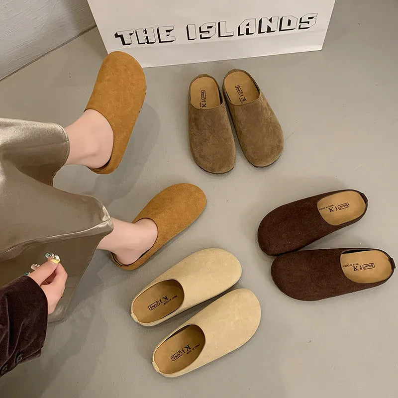 Korean-style outdoor slip-on slippers in apricot colour with square toe and microfiber construction
