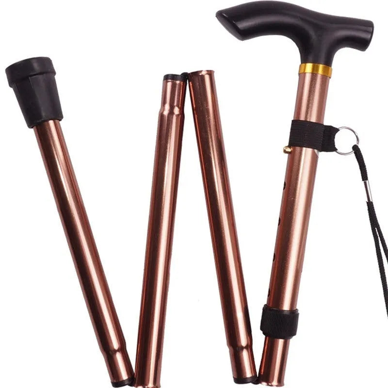 Adjustable aluminium folding walking cane in silver extended to show length, with non-slip handle.