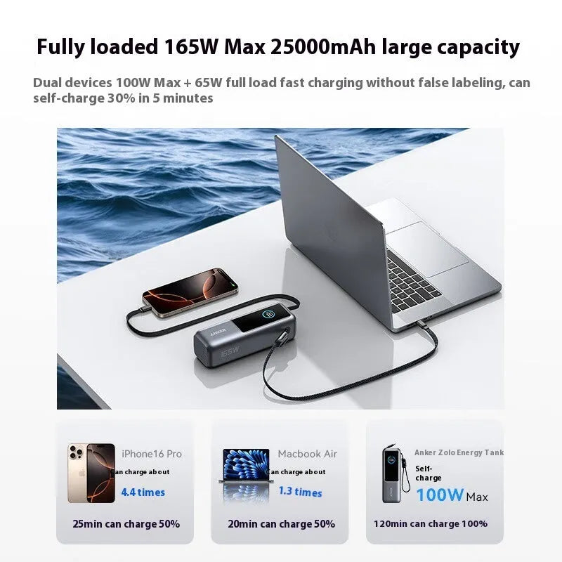 25000mAh fast charging power bank in black with two-wire connection and compact size