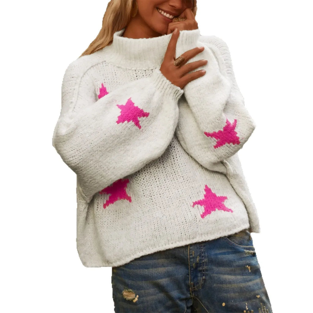 White women's turtleneck pullover with black star pattern, loose fit, imitation velvet fabric