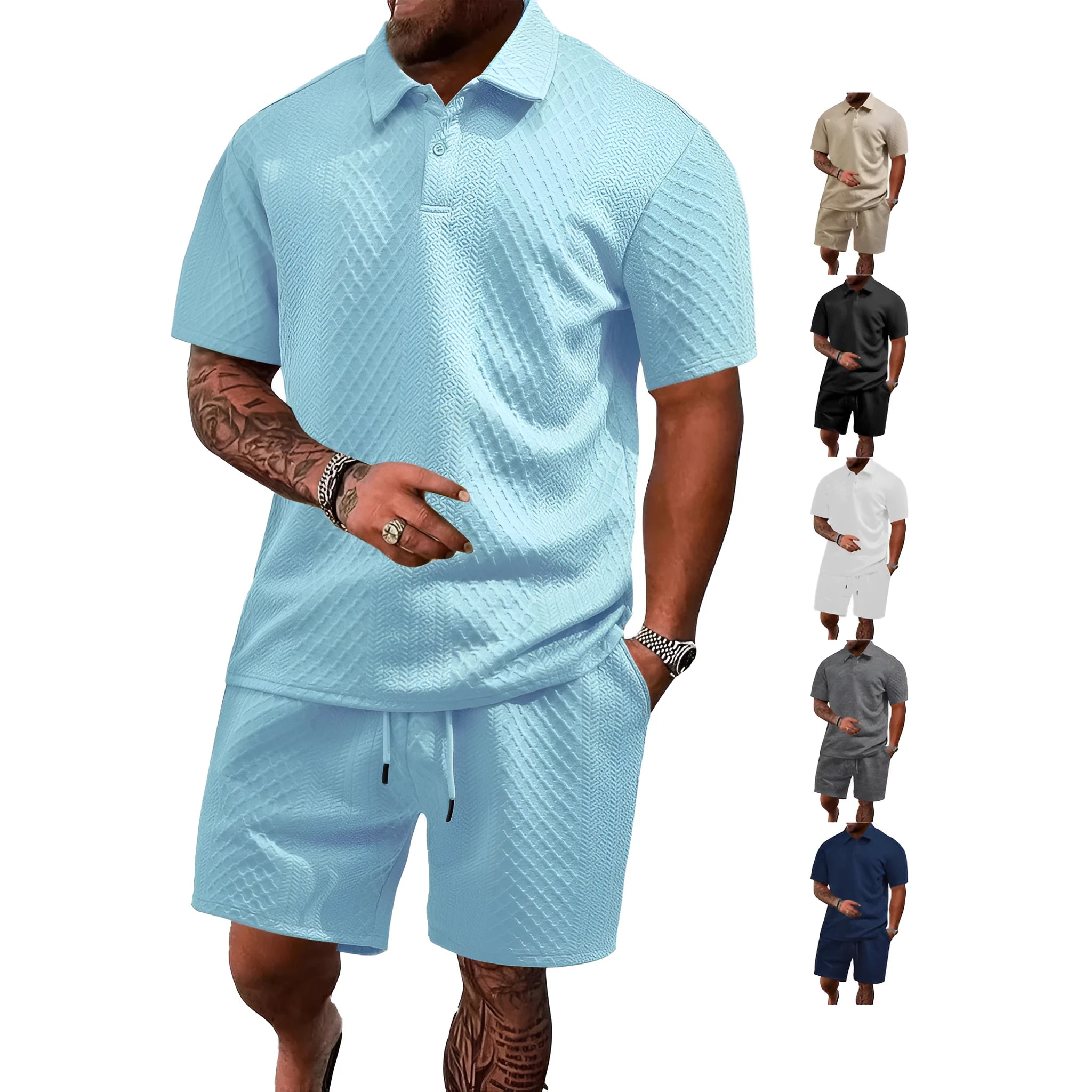 Men's patterned cloth casual suit with thin short sleeve polo shirt in multiple colour options