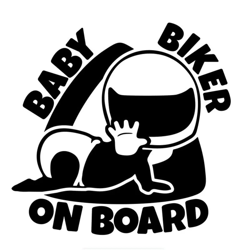 Black and white reflective Baby On Board vinyl car sticker measuring 14.5 by 15 centimetres.