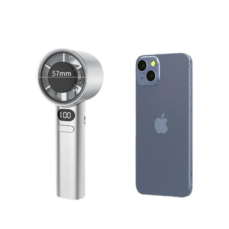 USB handheld fan with variable speed control in Green, Khaki, Silver, or White colour options