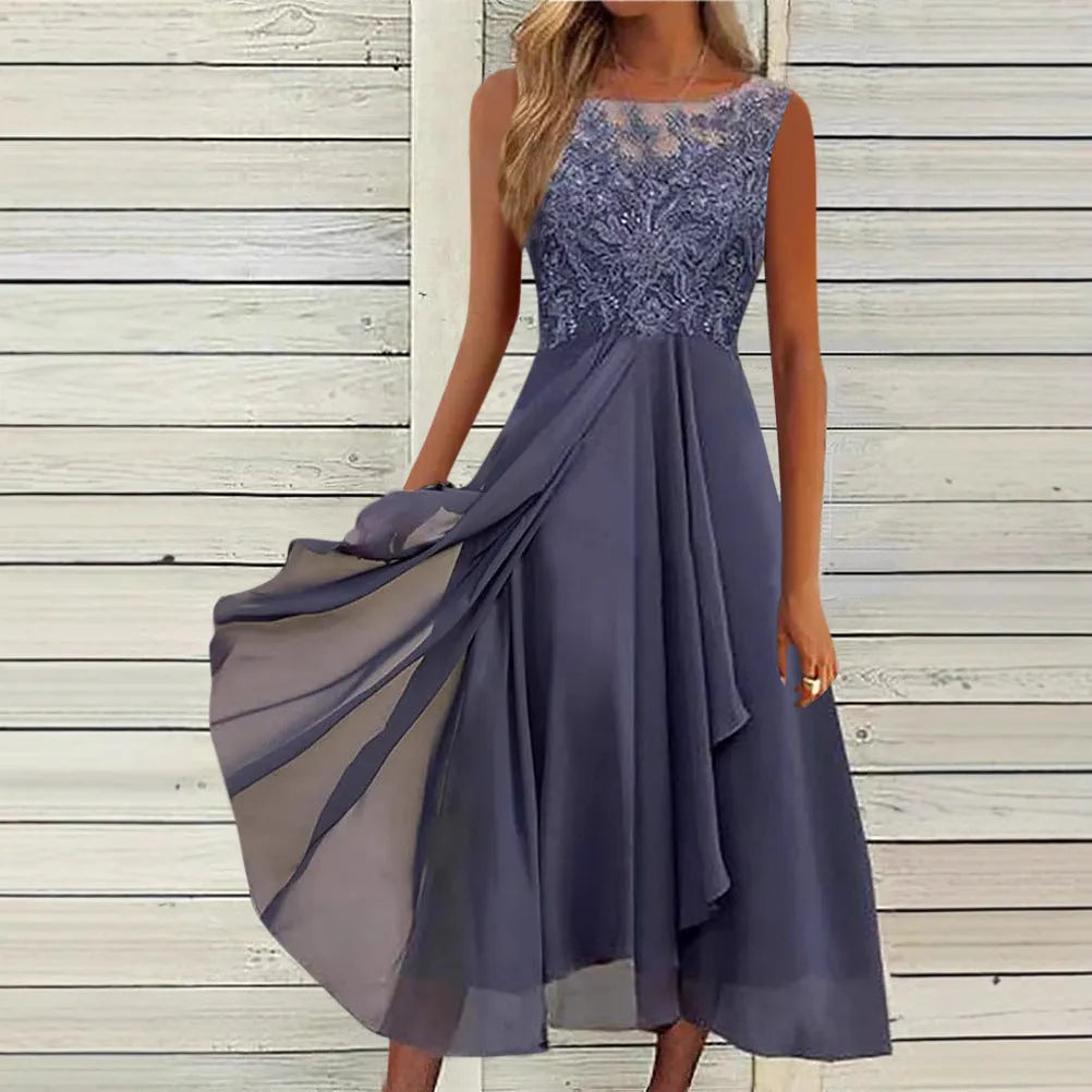 Women's sleeveless lace hollow-out chiffon dress in blue, green, or purple, mid-length skirt, princess style.