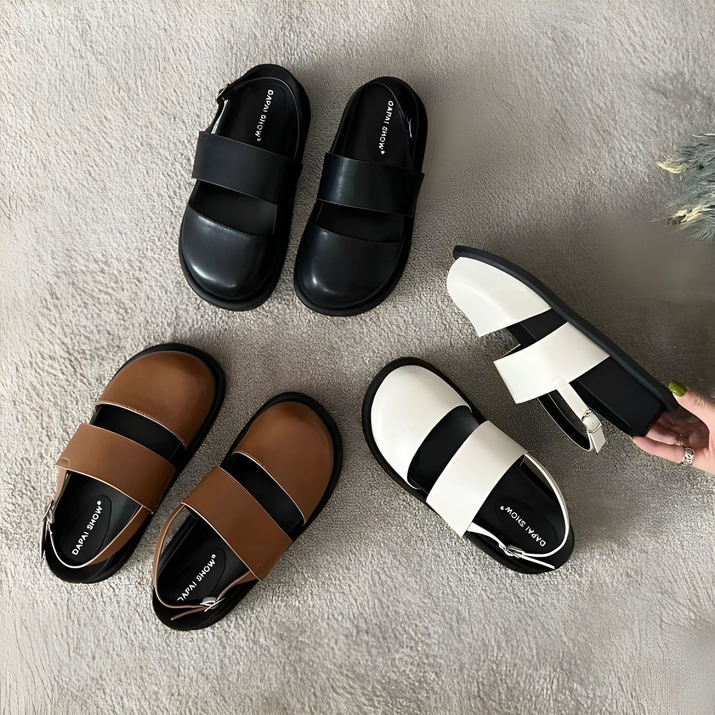 Women's retro Korean style sandals with closed toe, ankle strap buckle, in apricot colour.