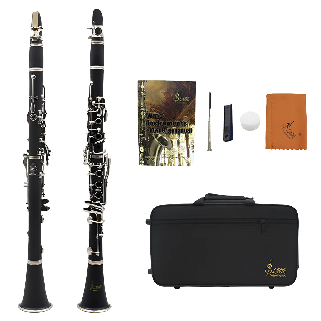 Black Bakelite clarinet with 17 nickel-plated keys and carrying case