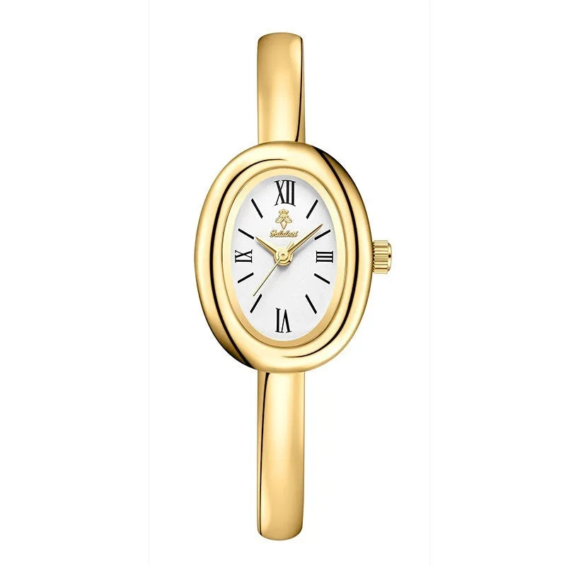 Women's oval-faced retro quartz watch in gold colour with slim 8mm profile