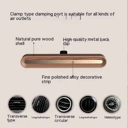 Car aromatherapy ornament in long strip design for air vent placement in walnut wood or metallic grey colour