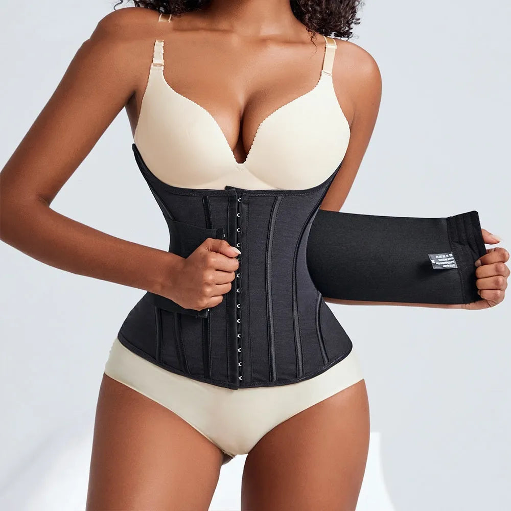 Nylon belly band waist trainer in black colour with adjustable belt tie closure