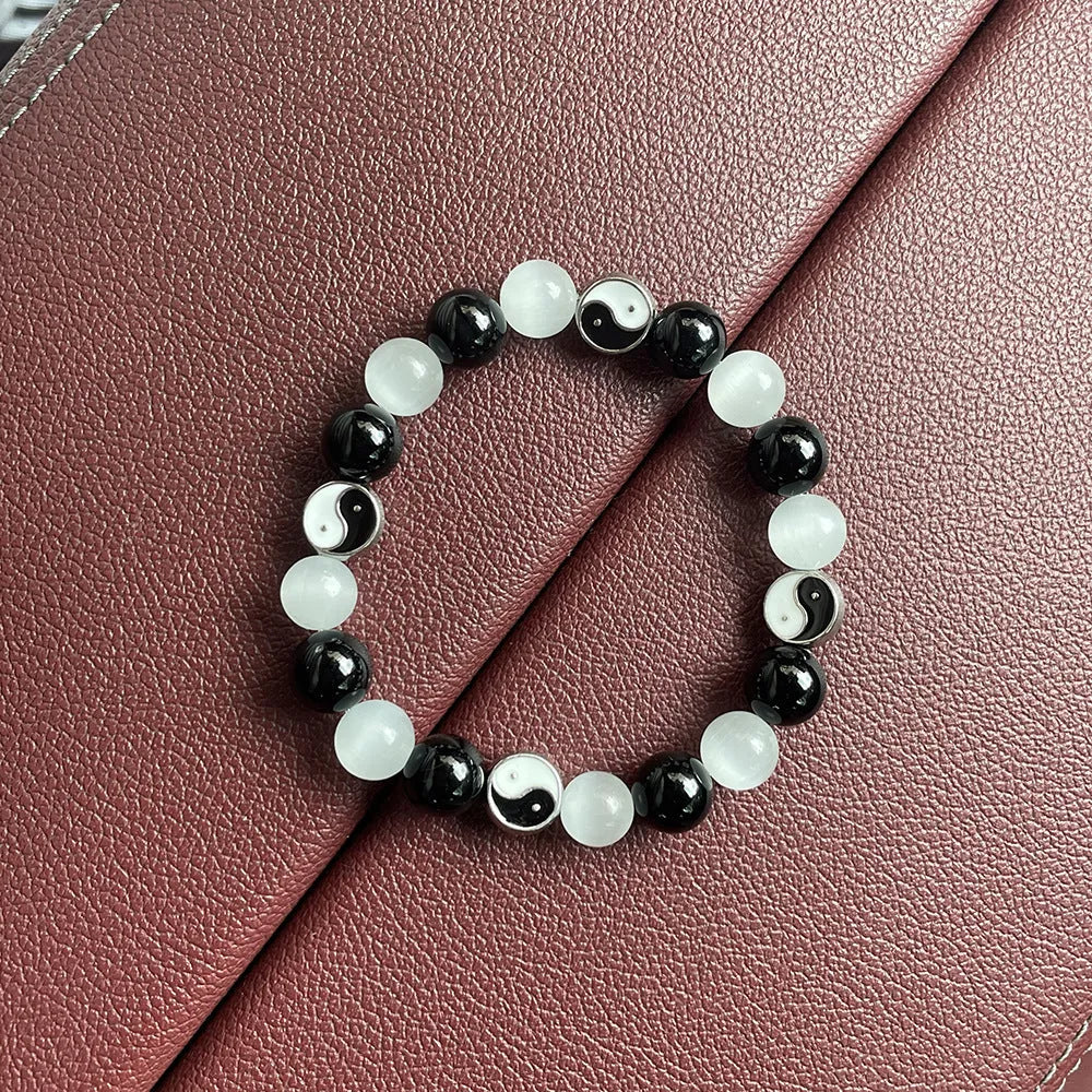 10mm natural opal Tai Chi bracelet with black agate ornamental elements in Chinese style
