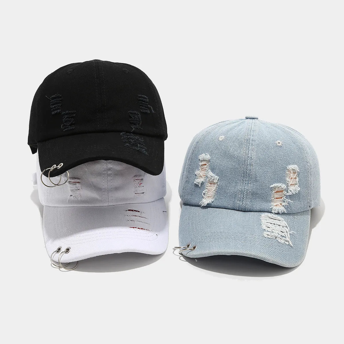 Men's adjustable denim peaked cap in retro streetwear style with dome crown
