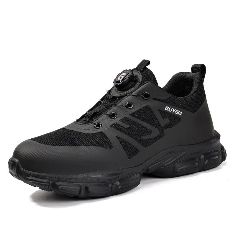 Black lightweight safety shoes with flyknit upper, steel toe cap, and TPU outsole for industrial work.