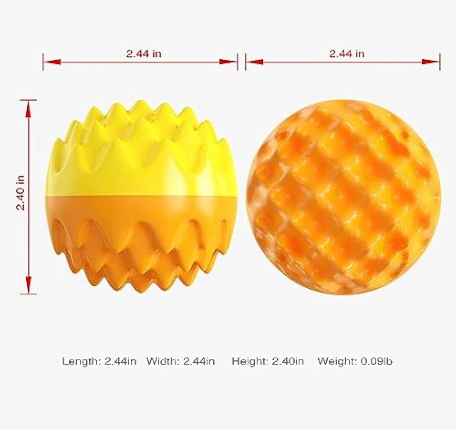 Blue and orange rubber dog ball with spiky texture for dental cleaning and a squeaker inside.