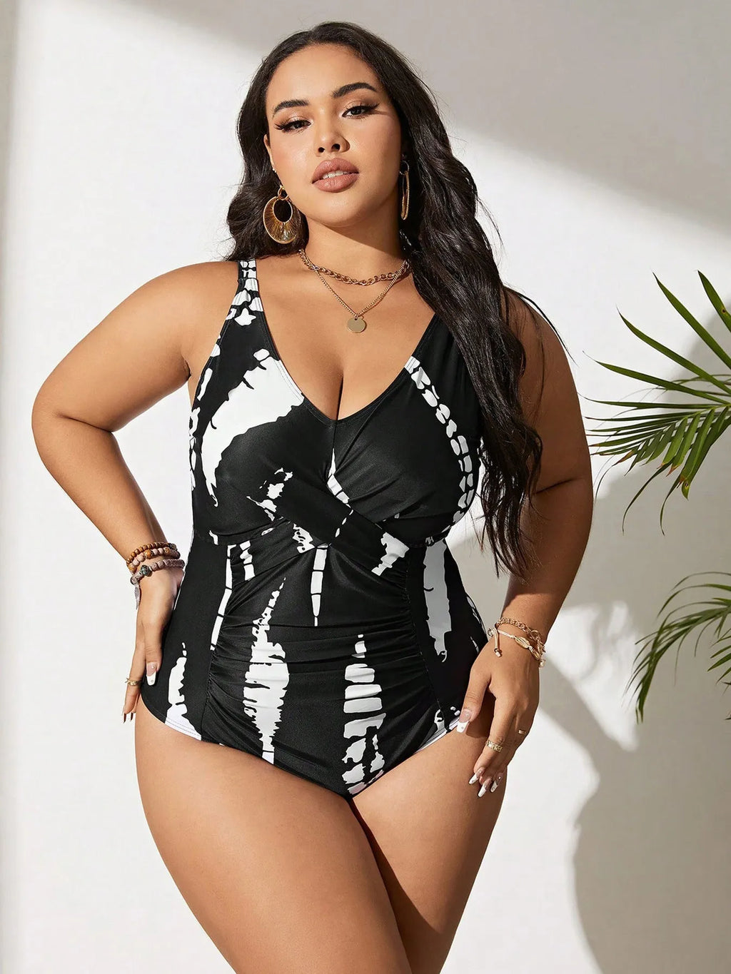 Siamese colour matching fit one-piece swimsuit in black with high elasticity fabric, sizes 0XL to 5XL