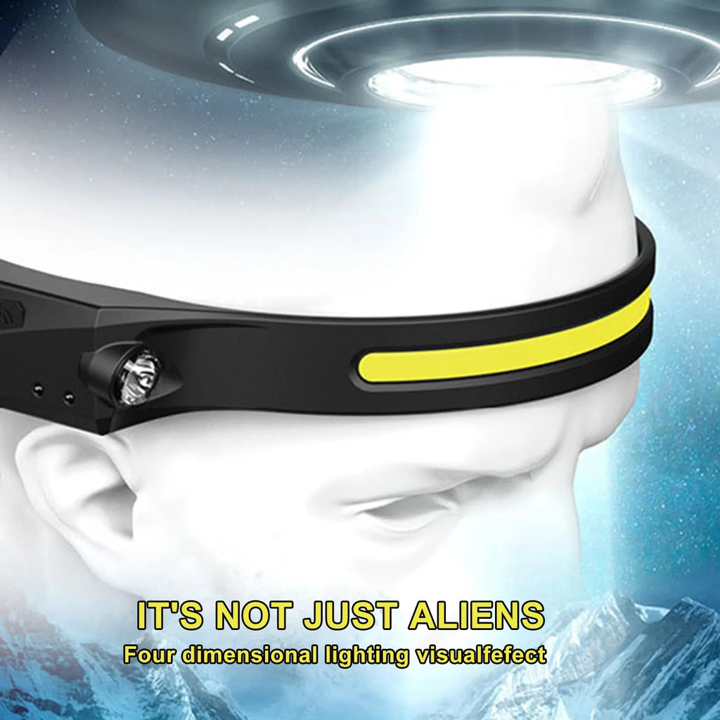 COB LED induction headlamp with silicone body, wide 230-degree beam, and separate long-distance side LED on a dark outdoor background