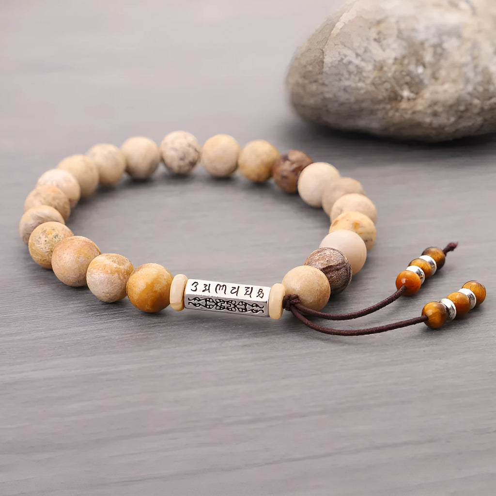 Wood colour stone bead bracelet with handmade construction and retro styling