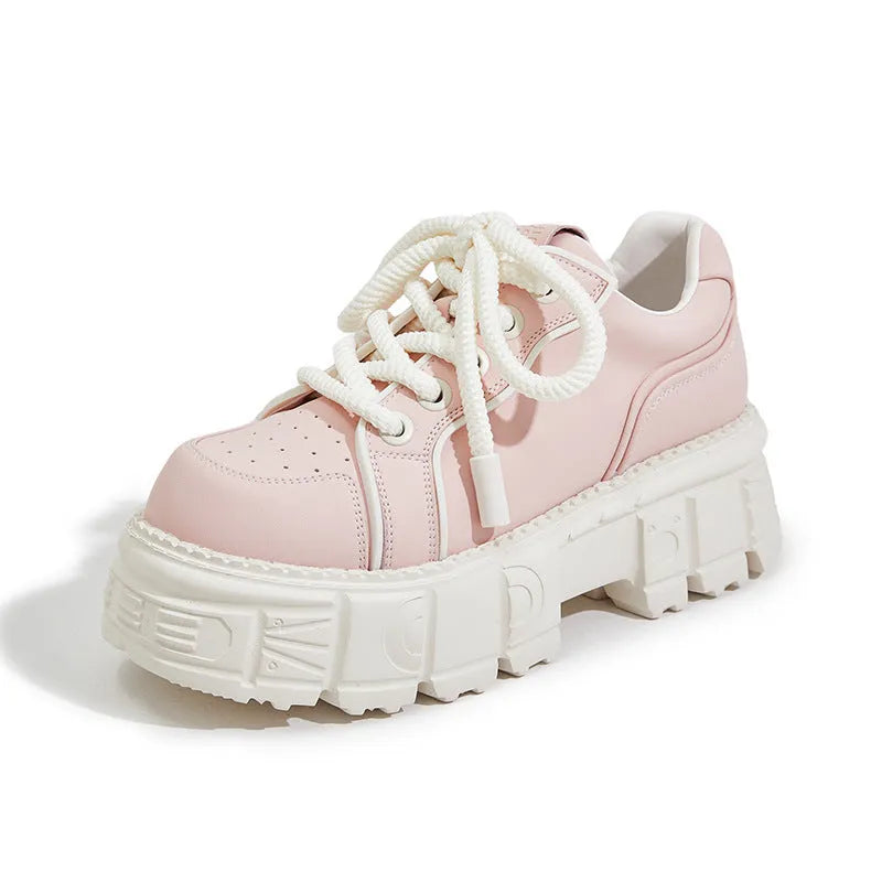 Women's beige and pink muffin bottom leather casual shoes with a rubber foam sole.
