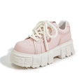Women's beige and pink muffin bottom leather casual shoes with a rubber foam sole.