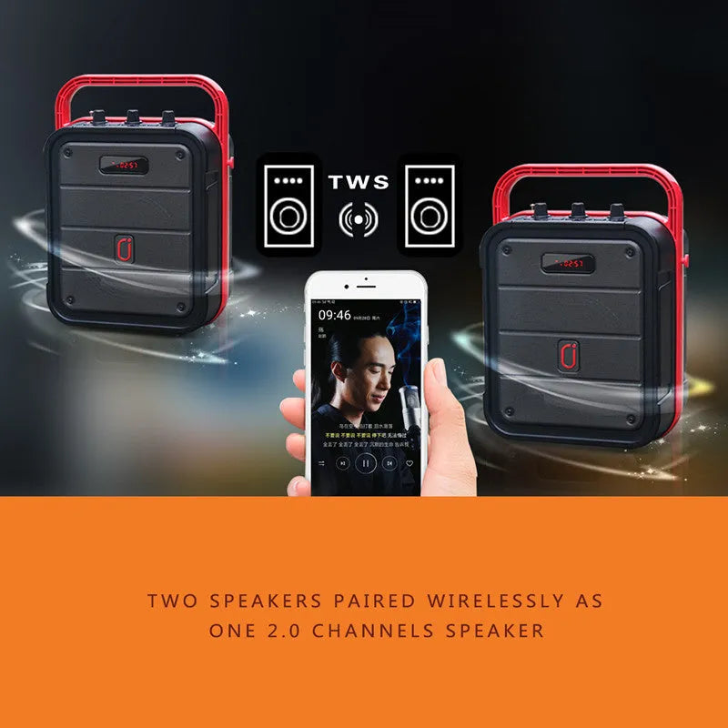 MS62AI portable Bluetooth speaker with wireless microphone, remote control, and charging cable.