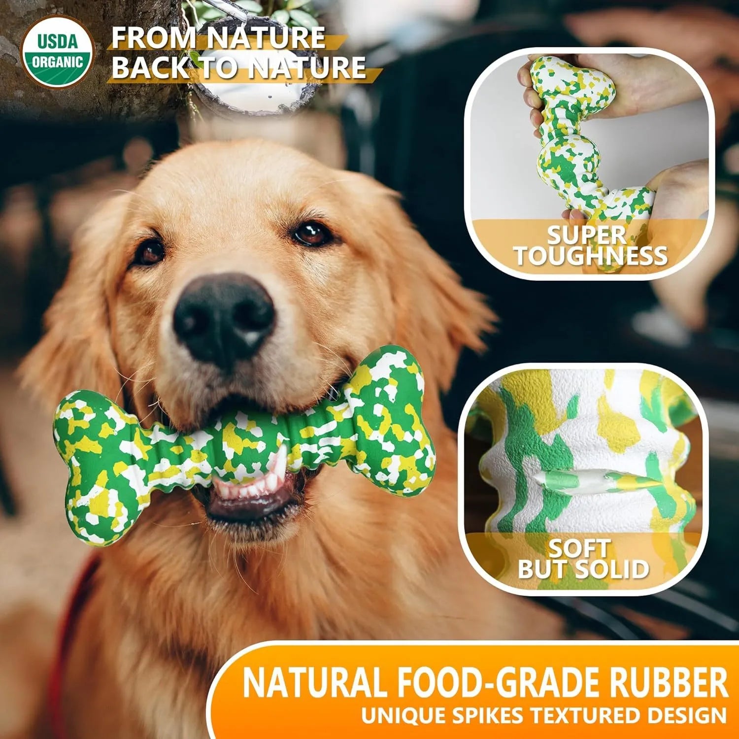 Large camouflage patterned natural rubber bone chew toy for dogs on a plain background.