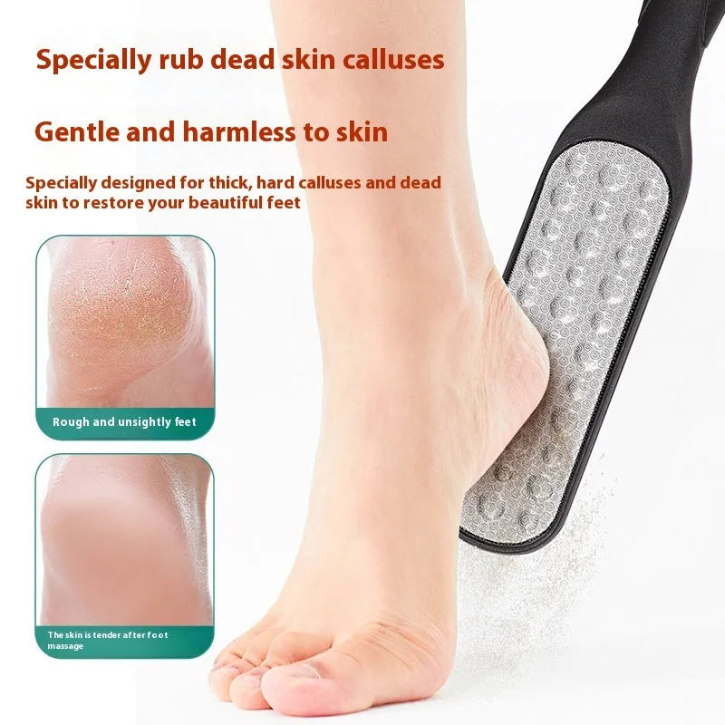 Stainless steel double-sided foot grinder for callus removal, shown in black and white colour options.