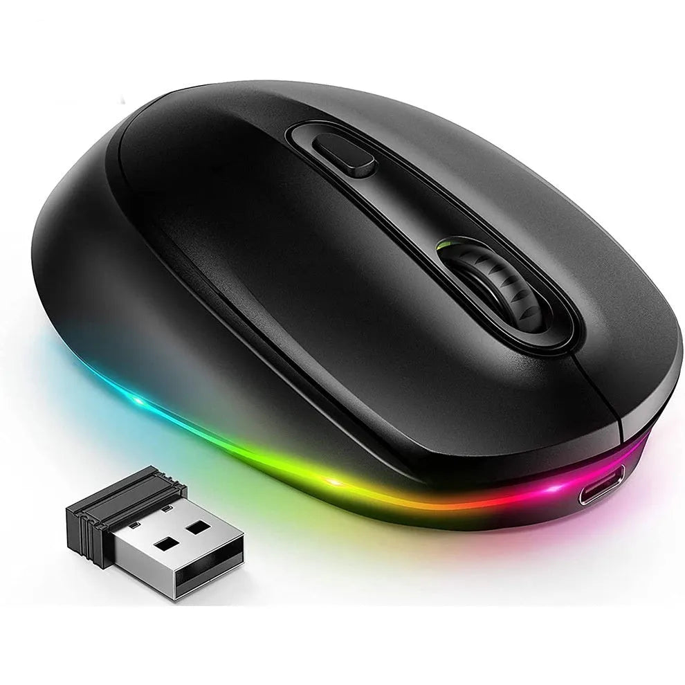 24g lightweight wireless ergonomic mouse for laptops in one of seven colour options, shown with its USB charging cable.