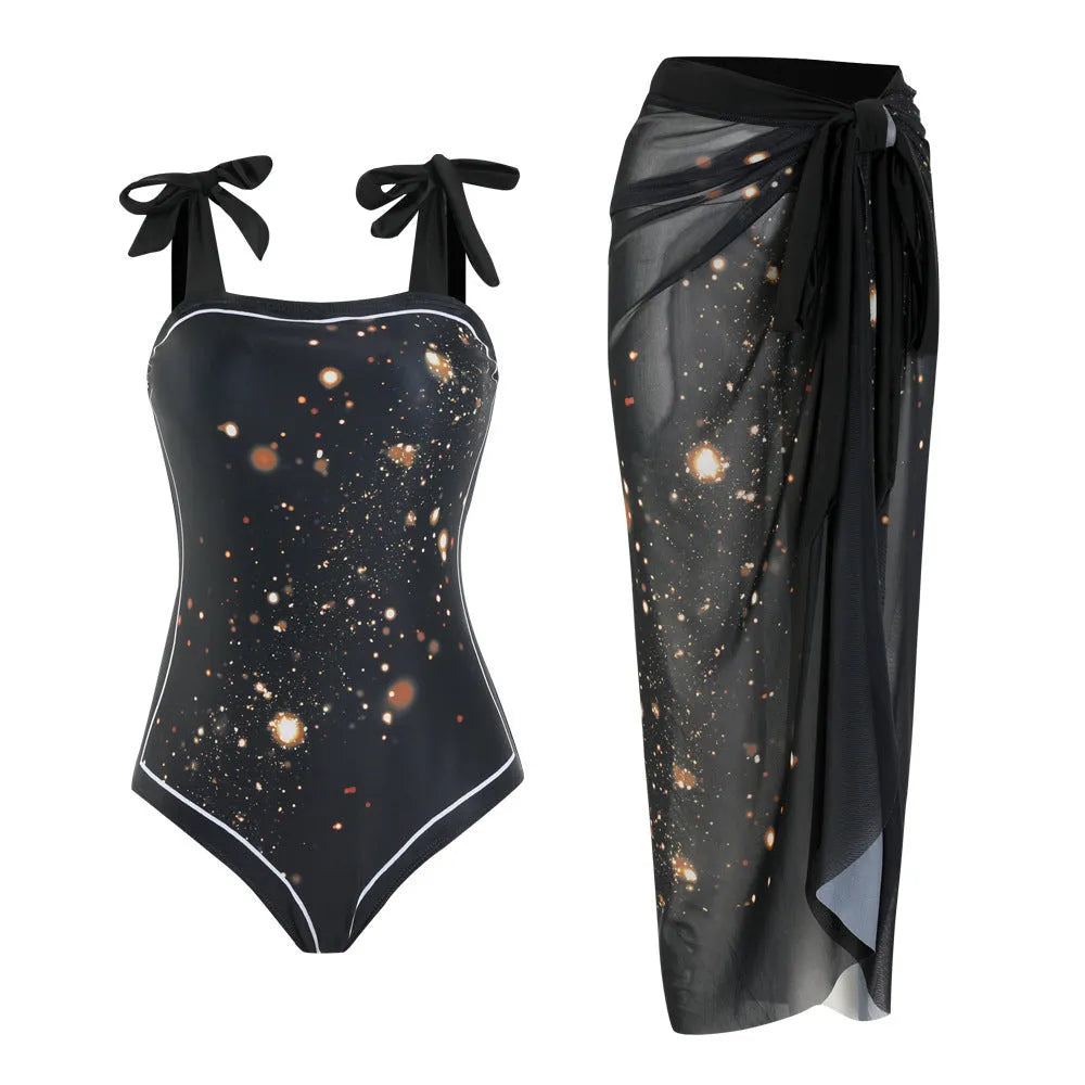 Floral mesh tube top one-piece swimsuit with matching skirt in polyester fabric