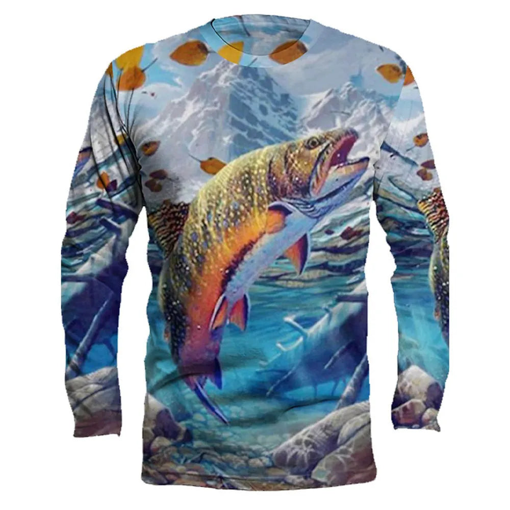 Men's grey pullover with a printed all-over fish pattern, round neck, and long sleeves.
