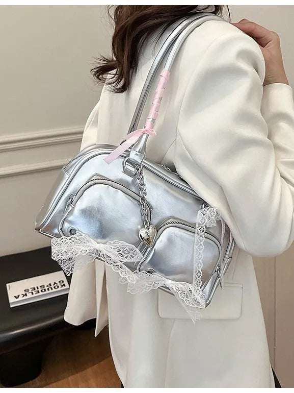 Large capacity PU shoulder bag in beige with double shoulder straps and internal mobile phone compartment