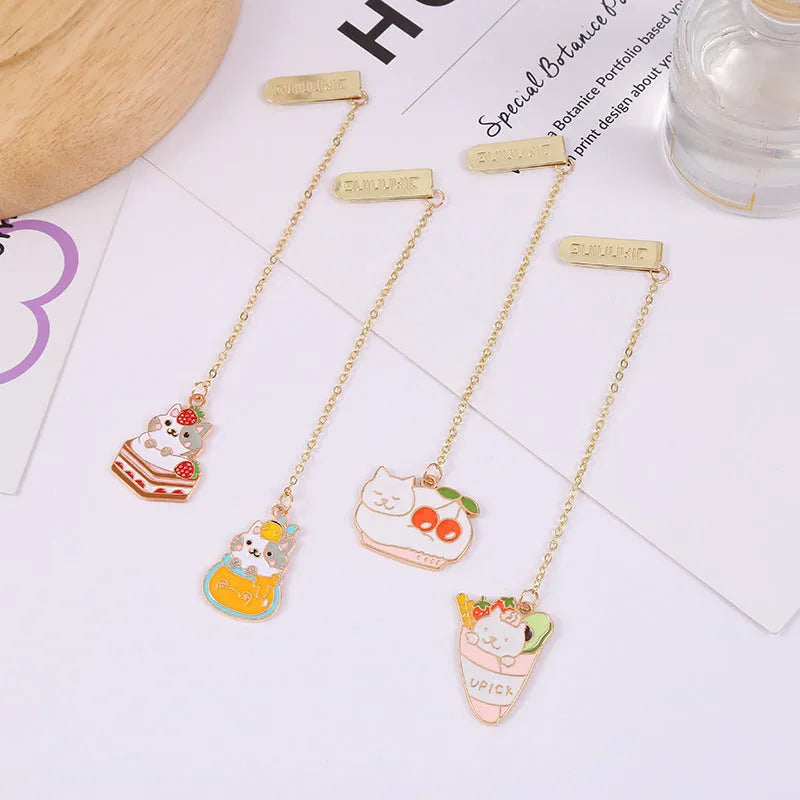 Metal bookmark pendant with a cartoon cat design, options include strawberry cake cat and sleeping cat styles.