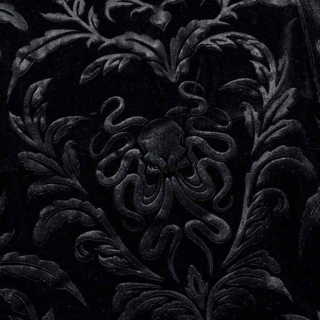 Black Gothic style men's velvet shirt with pointed collar and decorative flocking details
