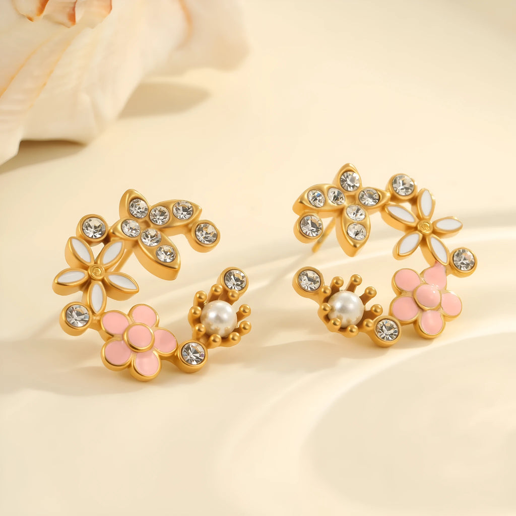 Flower stud earrings with petal design in gold electroplated finish on stainless steel