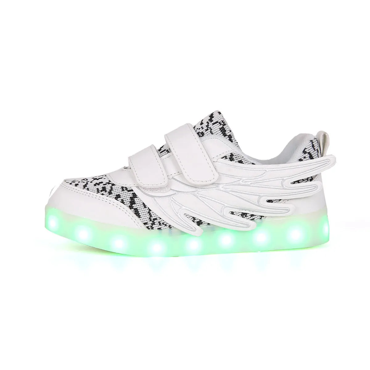 Children's plum red and white LED light-up sneakers showing flashing soles and USB charging cable.