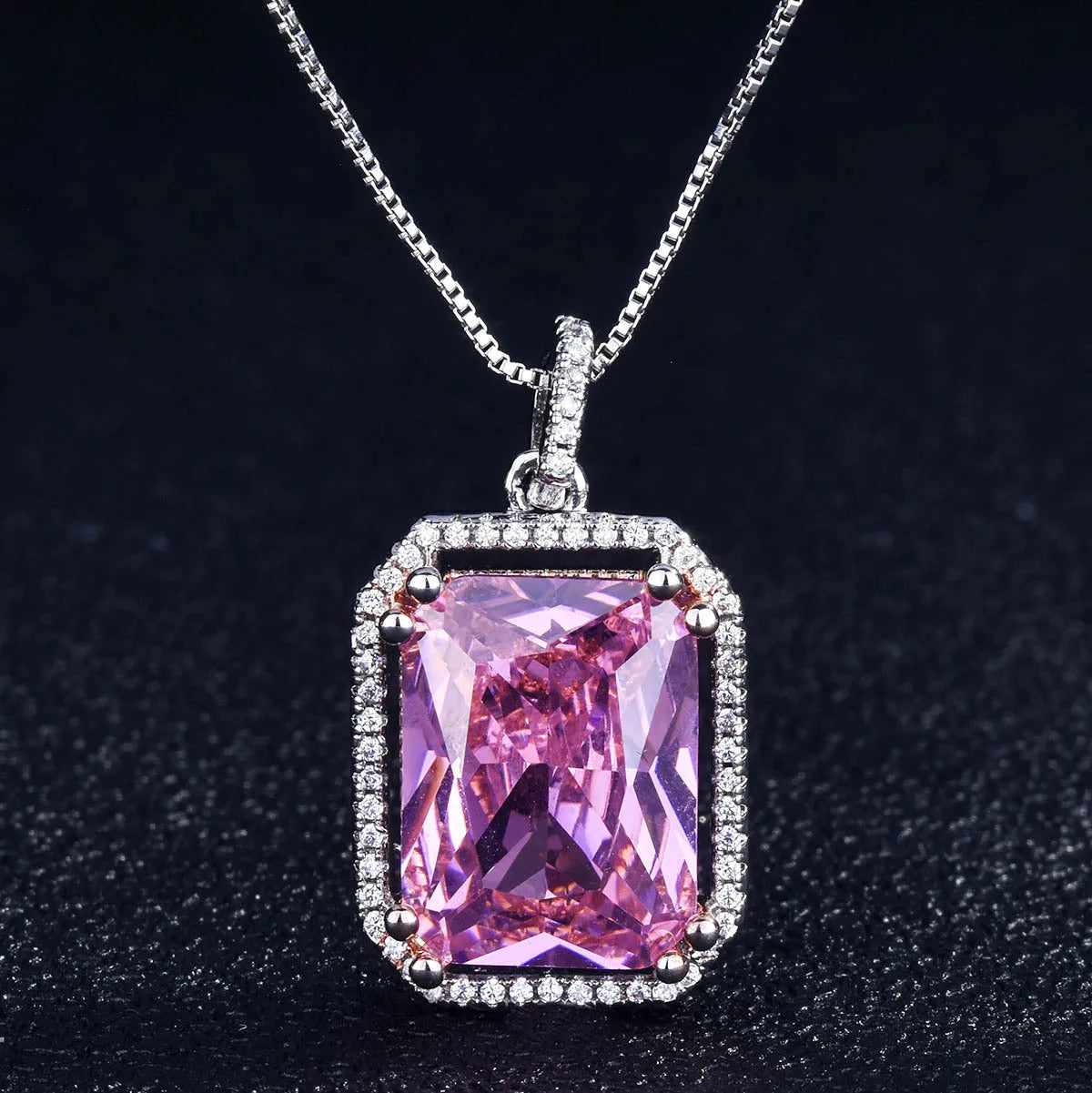 Copper geometric mixed gem inlay pendant necklace with box chain – pink diamond colour