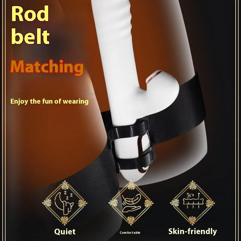 Black knitted sex toy strap for women showing adjustable appliance accessory design