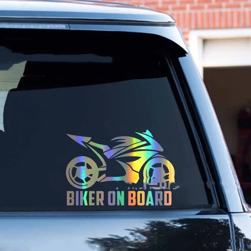 Motorcycle patterned reflective safety sticker in various colours and two sizes on a white background.
