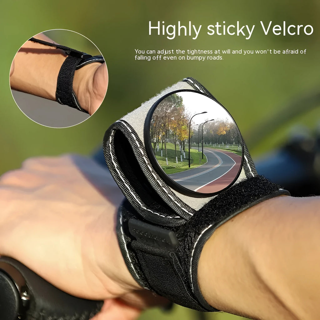 Black wrist-mounted bicycle rear-view mirror with adjustable arm for cycling safety