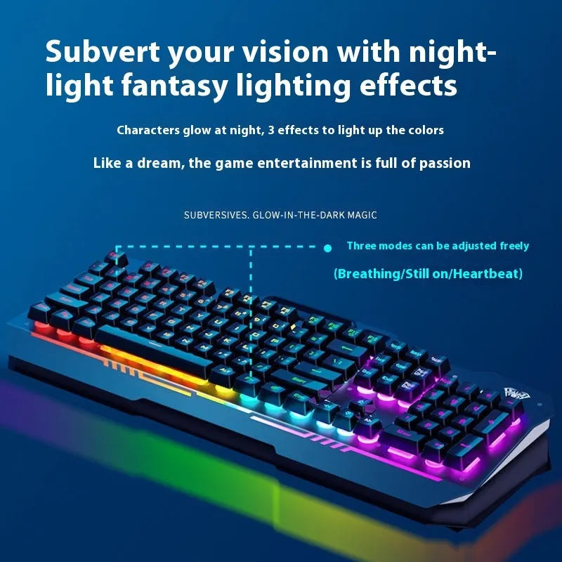 Mechanical gaming keyboard, mouse, and headset bundle in metal packaging with LED lighting