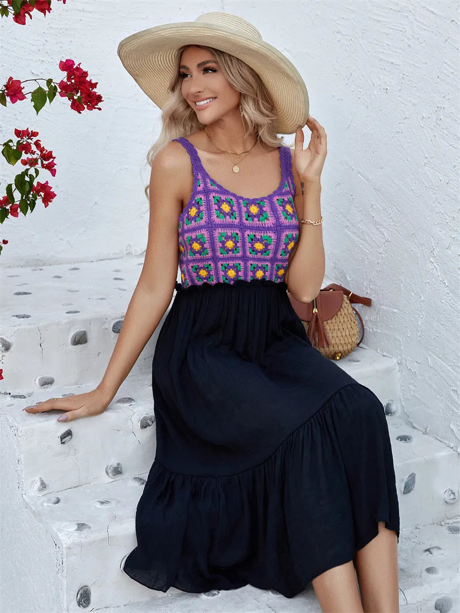 Purple sleeveless dress with hand-hooked floral stitching on cotton blend fabric