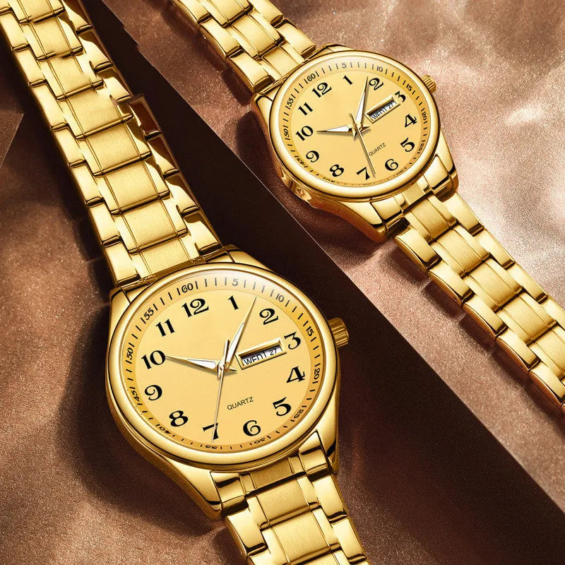 Unisex student quartz watch with steel bracelet and alloy case, 40mm male and 29mm female sizes, steel gold colour