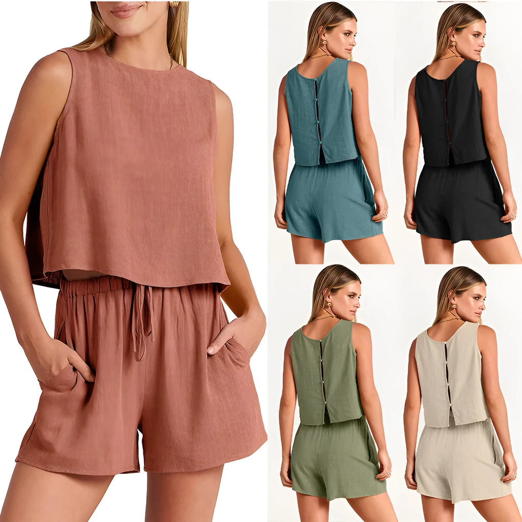 Women's apricot coloured sleeveless top and matching drawstring shorts summer set on a hanger.