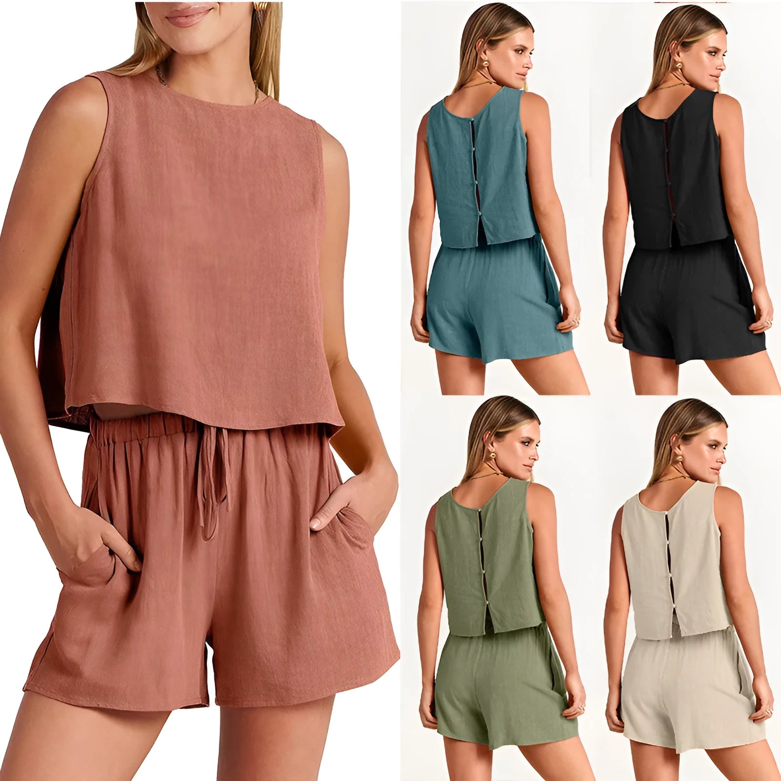 Women's apricot coloured sleeveless top and matching drawstring shorts summer set on a hanger.