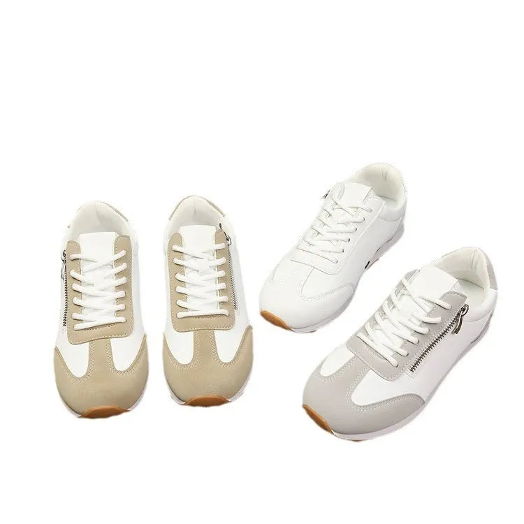 Women's flat shoe in artificial PU, rubber sole, shown in grey, white, or Champagne colour.